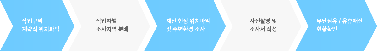 작업구역 계략적 위치파악 →  작업자별 조사지역 분배 →  재산 현장 위치파악 및 주변환경 조사 → 사진촬영 및 조사서 작성  →  무단점유 / 유휴재산 현황확인